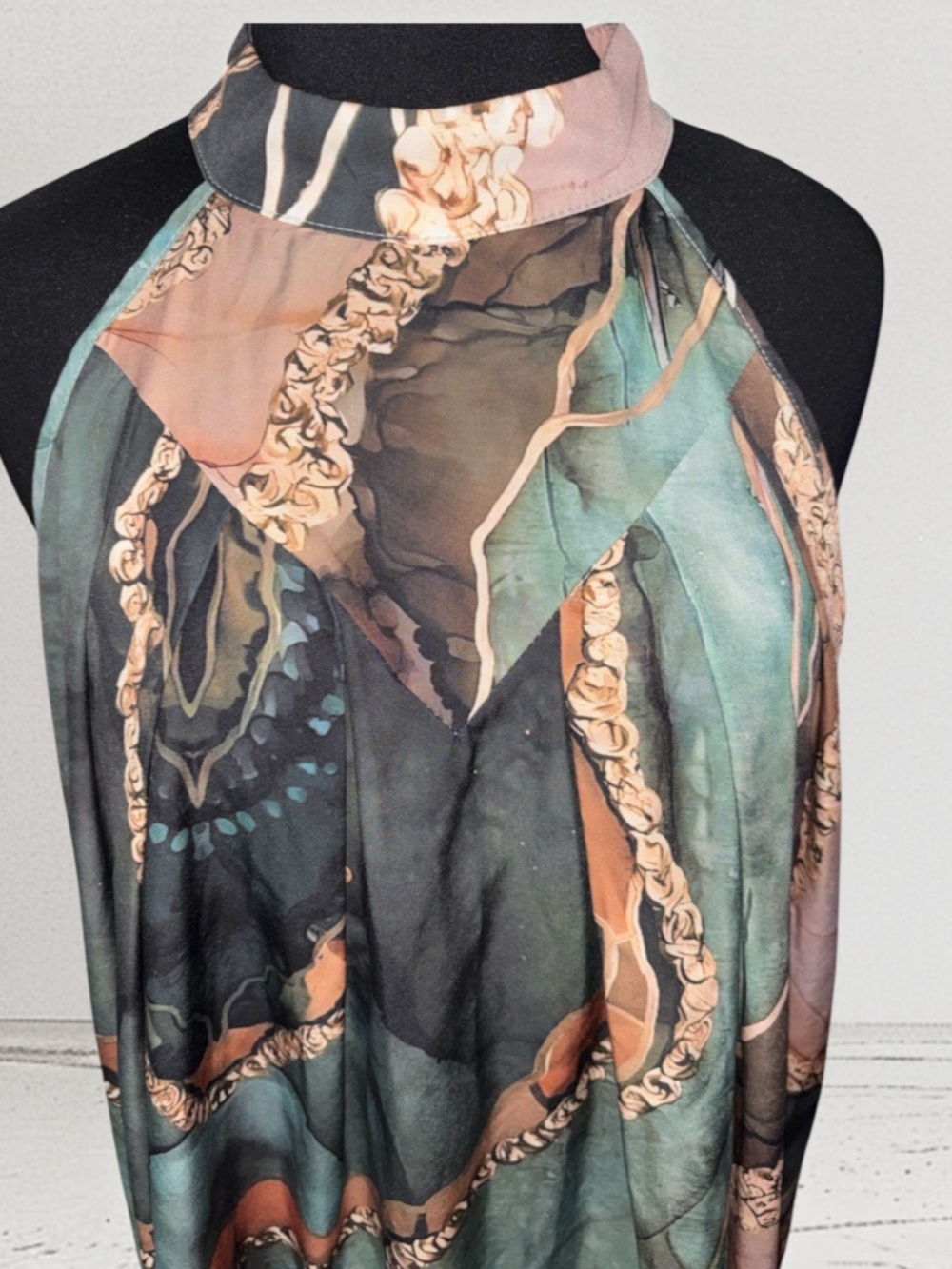 Open-Shoulder Printed Halter Dress in Teal/Peach, P2P:21”, L:37” - Picture 2 of 10
